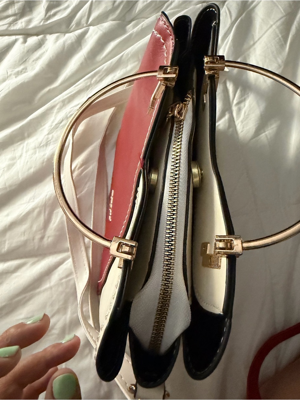 Red and Cream Colorblock Structured Satchel - Picture 4 of 6